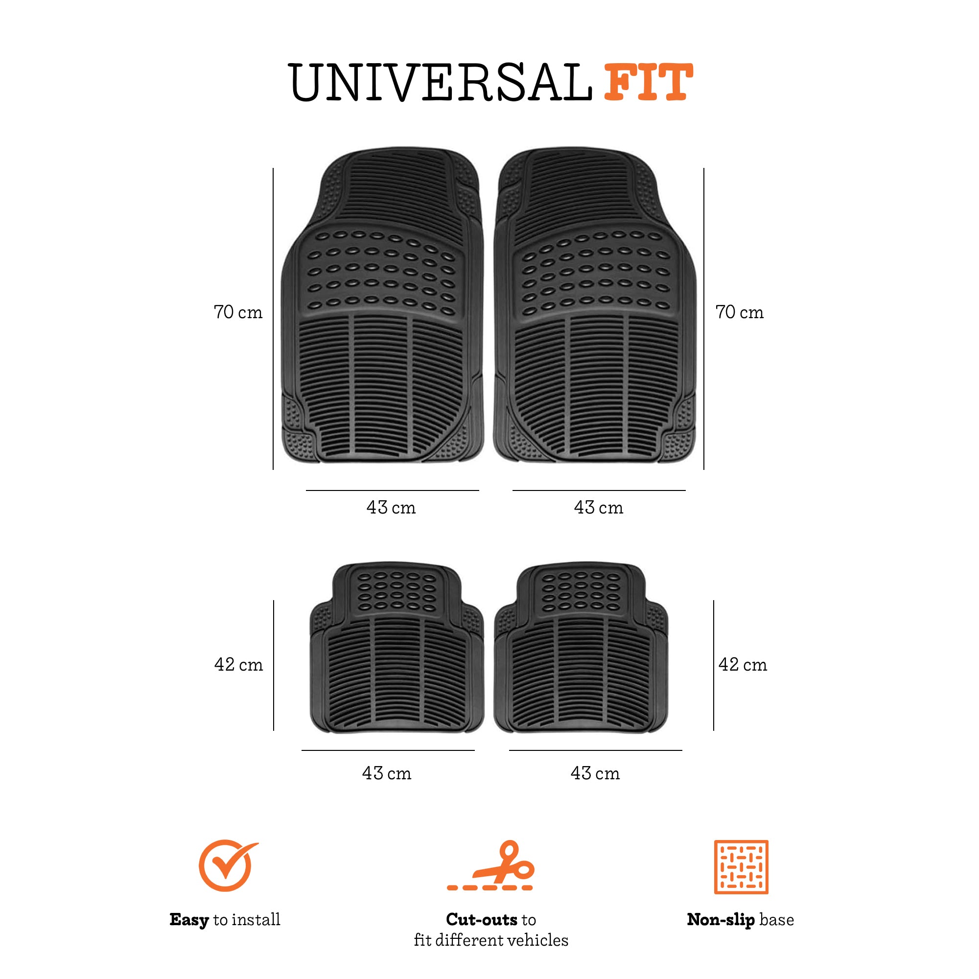 Universal Car Mats 4-Piece Set (2 Front Mats and 2 Rear Mats), Non Slip Mats, Flexible PVC Rubber Car Mats, Cut-to-Size, Easy to Clean